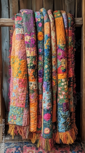 A vibrant collection of floral patchwork quilts neatly draped on a rustic wooden rack. Perfect for showcasing handmade artistry and cozy decor.