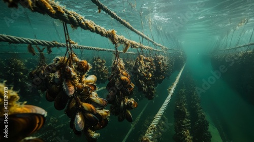 Underwater Mussel Farming Ropes, Shells, Ocean Cultivation