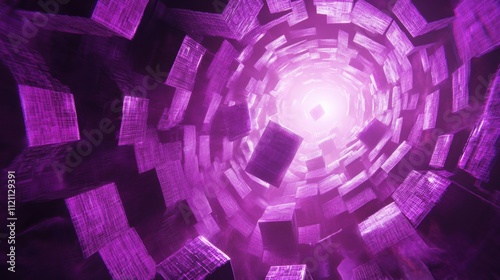 Exploring hypnotic visuals in a purple spiral tunnel digital art abstract surreal environment eye-level viewpoint conceptual design