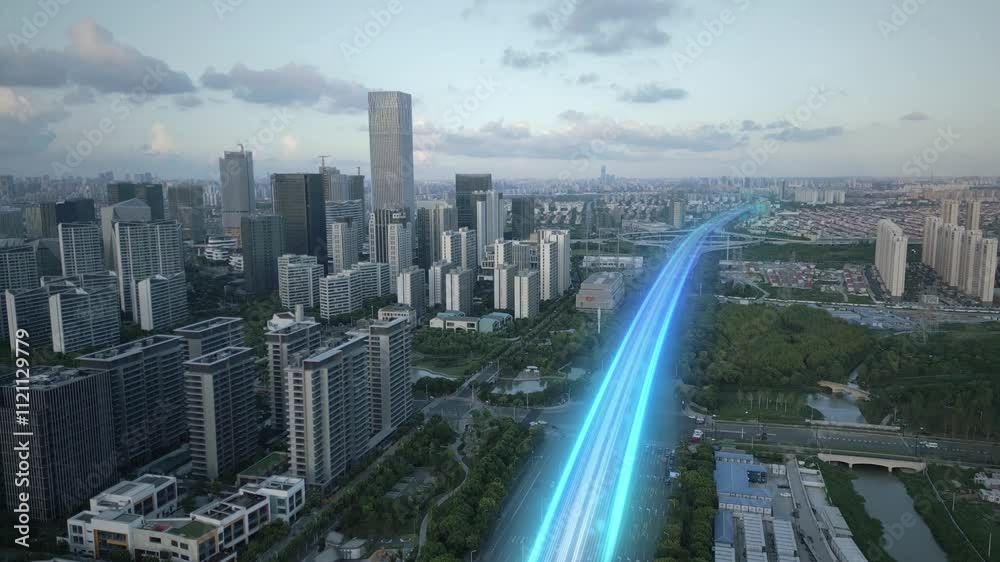 Aerial sunset cityscape of modern smart city with animation of lights trails on main highway fast internet optical fibre digital revolution technology concept