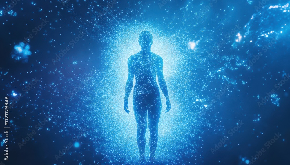 A Human Form Emerging From Blue Energy Particles A Human Form Emerging From Blue Energy Particles