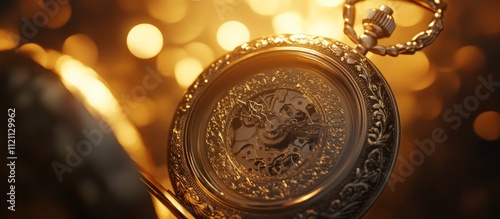 Antique gold pocket watch with ornate detailing, close-up view against a bokeh background. photo