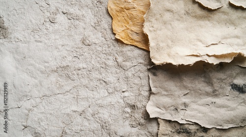 Weathered wall texture with peeling plaster, showcasing layers of aged character. photo