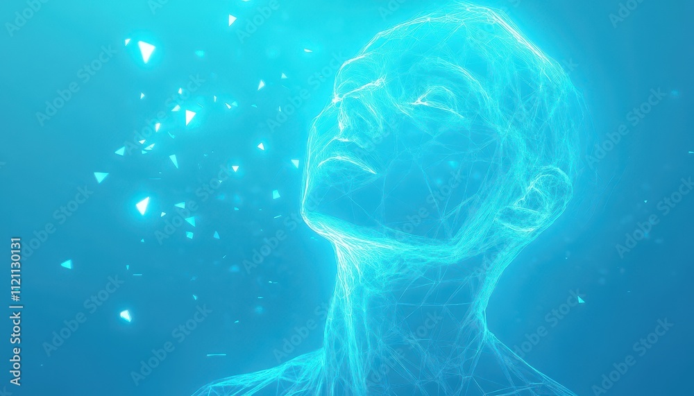 Abstract Digital Head Ascending in Blue Light Abstract Digital Head Ascending in Blue Light