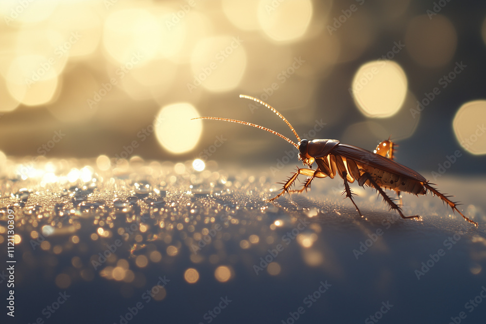 Fototapeta premium A single cockroach perched on a sink edge, water droplets nearby, under soft artificial light. 