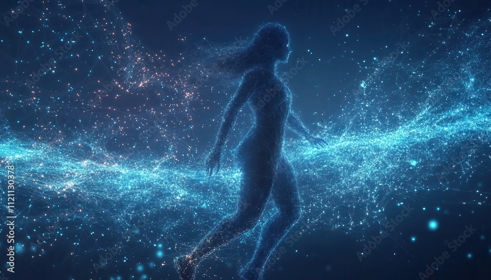 Naklejka premium Woman Form Composed Of Light And Network Connections