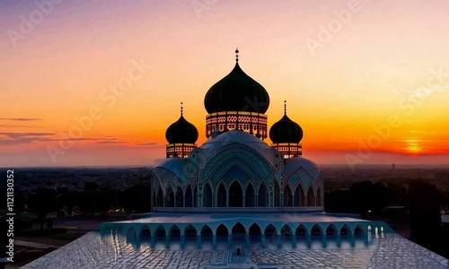 A stunning silhouette of a mosque at sunset, showcasing intricate domes and architectural beauty. photo