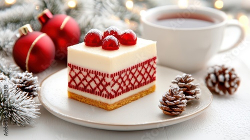 Christmas cake with raspberries, cup of tea, and festive decorations.