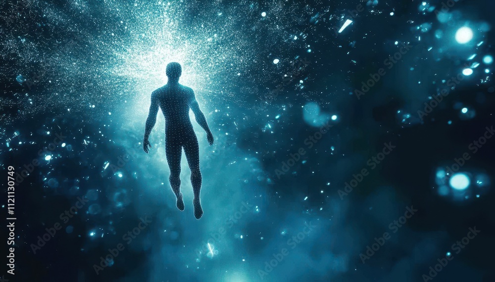 A Digital Human Ascends Through Sparkling Cosmic Dust A Digital Human Ascends Through Sparkling Cosmic Dust