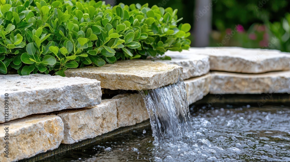 Close-up of a decorative water feature with flowing water and lush green plants. Close-up of a decorative water feature with flowing water and lush green plants.