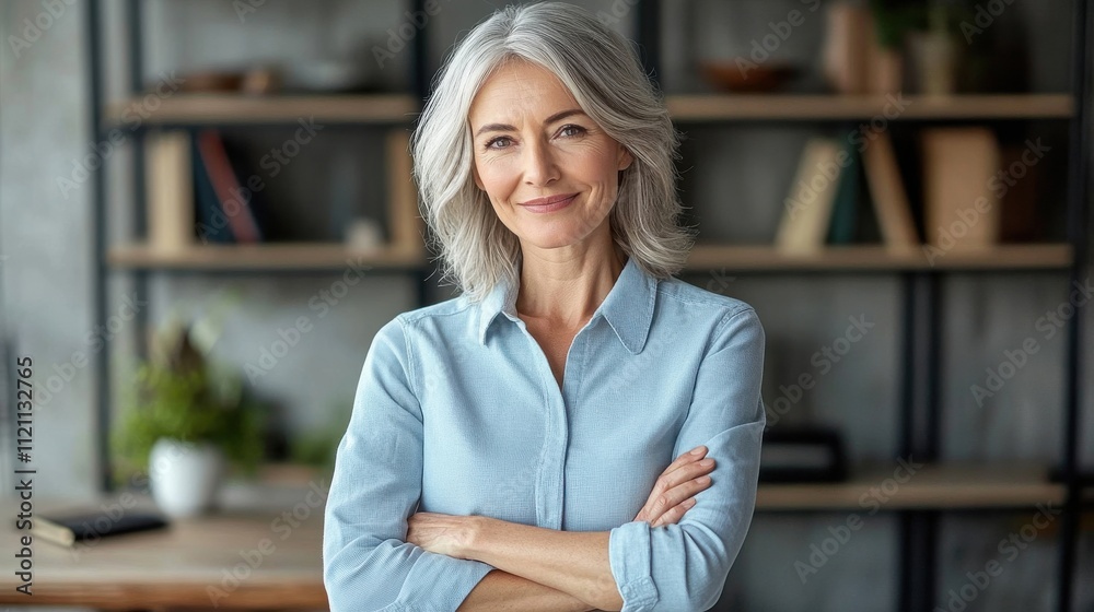 [Confident Middle-Aged Professional Portrait] Confident Businesswoman Against Wooden Shelf Background