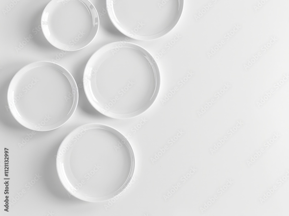 Five white ceramic plates of different sizes arranged in a diagonal pattern on a white background. leaving space on the right side of the frame Five white ceramic plates of different sizes arranged in a diagonal pattern on a white background. leaving space on the right side of the frame