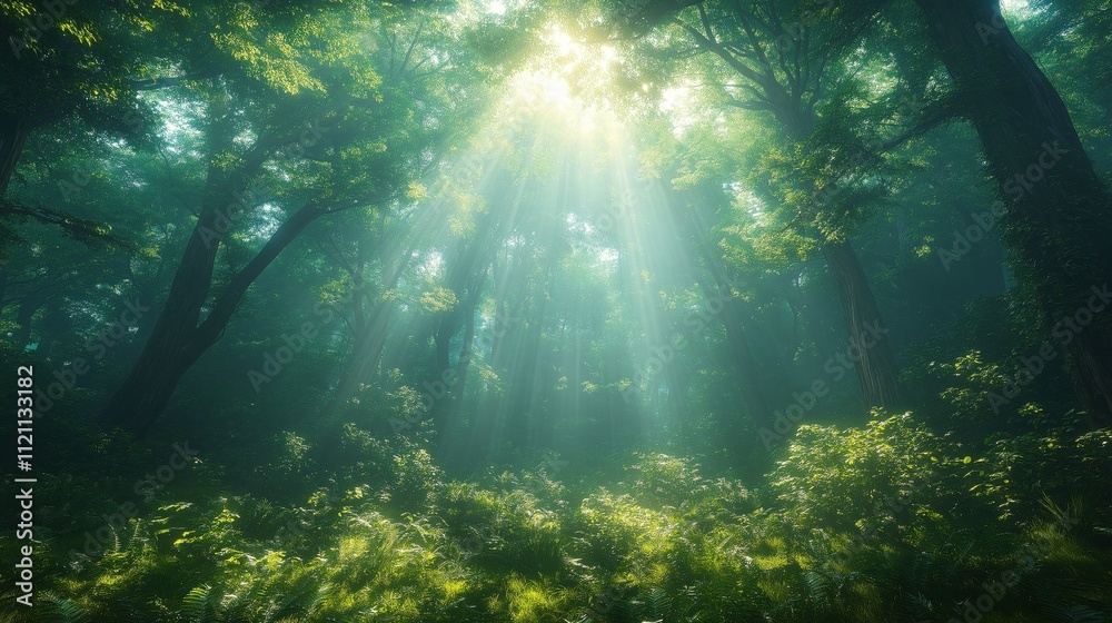 A forest with sunlight shining through the trees A forest with sunlight shining through the trees