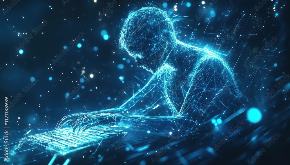 Digital Being Interacts With A Futuristic Keyboard Digital Being Interacts With A Futuristic Keyboard