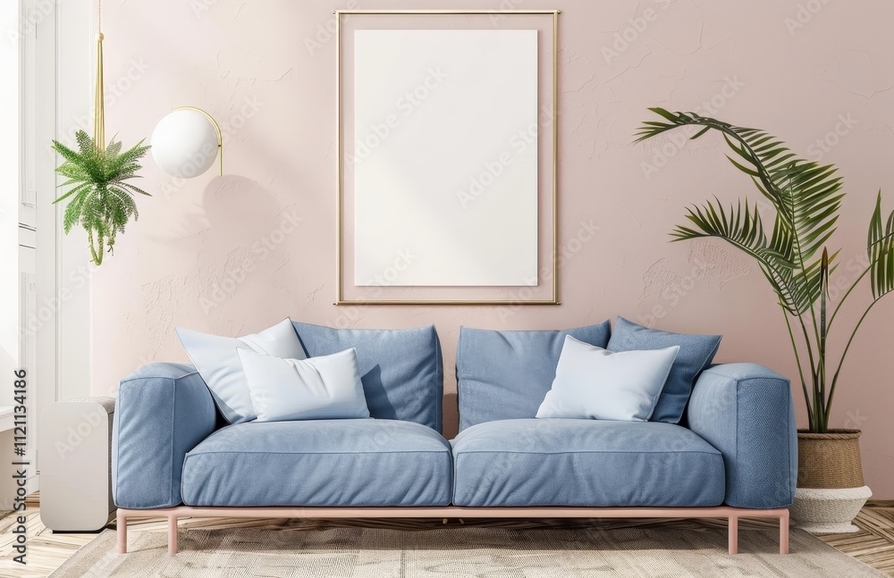Minimalist living room with a blue sofa. pink wall. and a blank poster frame Minimalist living room with a blue sofa. pink wall. and a blank poster frame