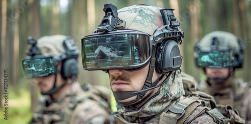 Soldiers utilizing virtual reality headsets for advanced military training in forest.