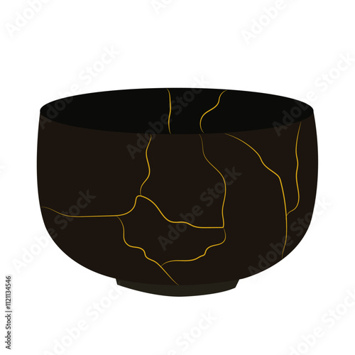 Gold kintsugi Japanese Art, Glued cup, Gold cracks and shards.