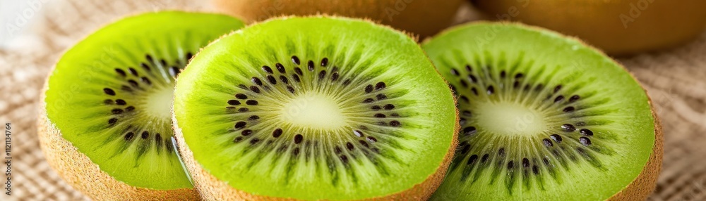 Sliced kiwifruit showcasing vibrant green flesh and tiny black seeds. Sliced kiwifruit showcasing vibrant green flesh and tiny black seeds.