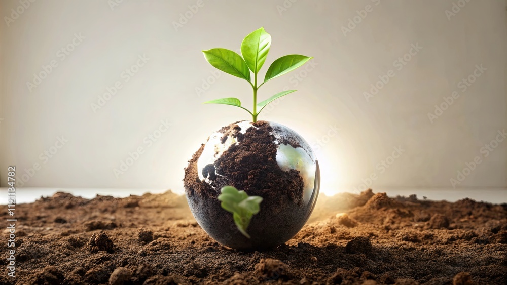 A small plant sprouts from a metallic globe representing our planet, symbolizing environmental growth and renewal on fertile soil A small plant sprouts from a metallic globe representing our planet, symbolizing environmental growth and renewal on fertile soil