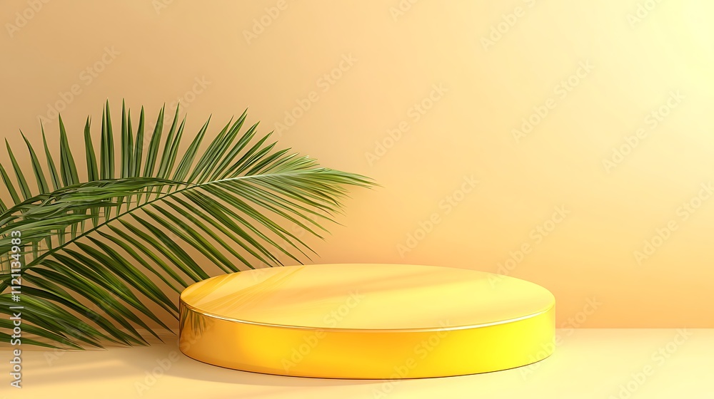 Contemporary 3d visual of a circular yellow podium paired with a palm leaf for an elegant cosmetic product display on a pastel background Contemporary 3d visual of a circular yellow podium paired with a palm leaf for an elegant cosmetic product display on a pastel background