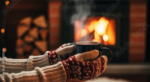 cozy winter evening , person holding a steaming mug , warm knitted gloves , fireplace in the background, soft ambient lighting, relaxing atmosphere , woolen sweater , glowing firewood , peaceful momen
