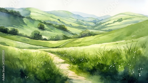A painting of a green field with a path through it