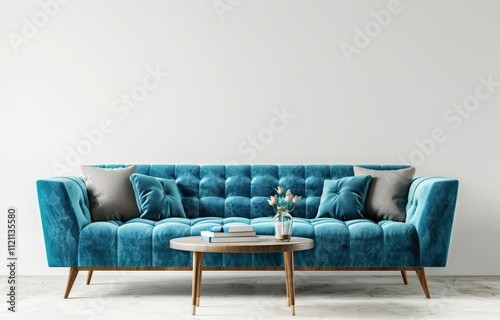 Blue velvet sofa with tufted upholstery and wooden legs in front of a white wall photo