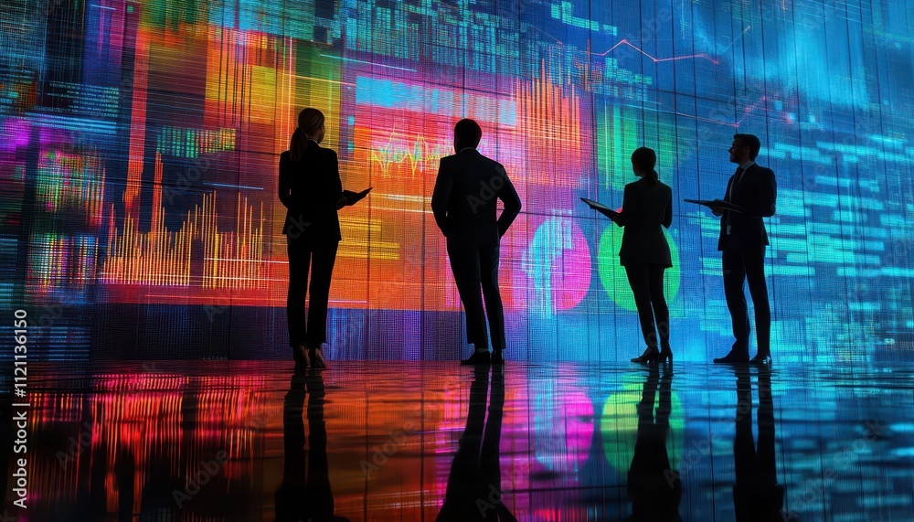 Businesspeople Analyze Vibrant Data Visualization Wall Businesspeople Analyze Vibrant Data Visualization Wall