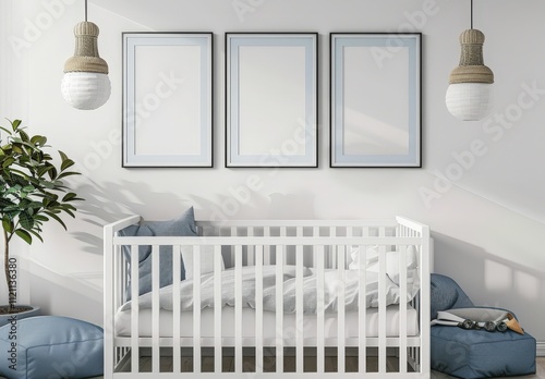 A white crib with blue pillows and blankets sits in a minimalist nursery with three empty frames and hanging light fixtures