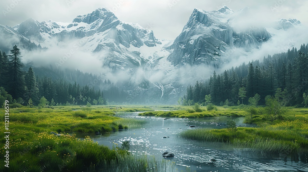 Naklejka premium Picturesque views of mountains, valleys, lakes, and rivers.