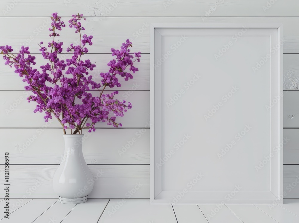 Fototapeta premium White frame mockup with purple flowers in a vase against a white wood wall