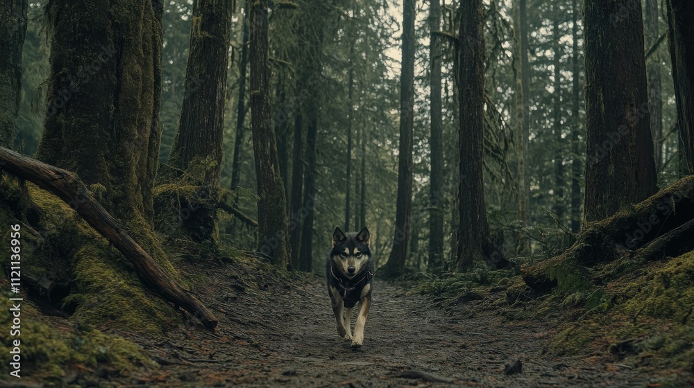 Obraz premium Majestic Husky Dog Walking Forest Trail Mossy Trees Nature