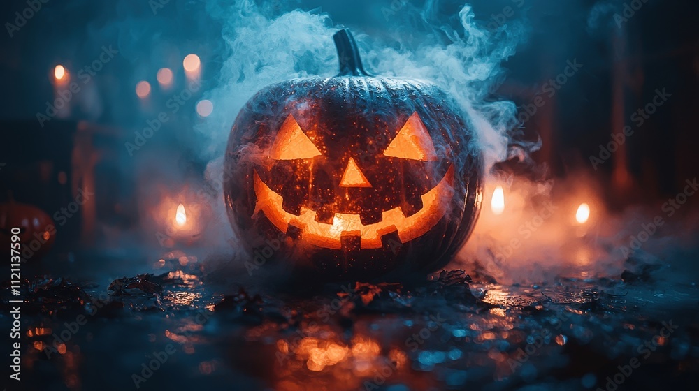 Fototapeta premium Spooky Halloween fog machine creates a mysterious atmosphere with glowing jack-o'-lanterns