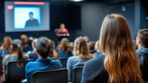 Audience members focused on a speaker at a conference, highlighting engagement and learning.