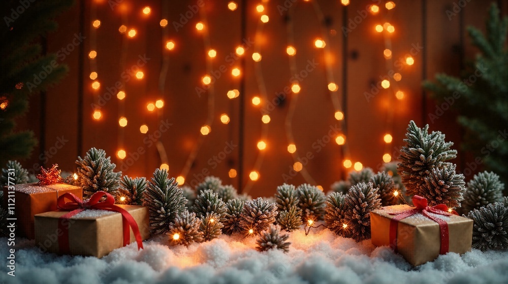 Festive Christmas background with decorated gifts and snowy pine branches illuminated by warm lights Festive Christmas background with decorated gifts and snowy pine branches illuminated by warm lights