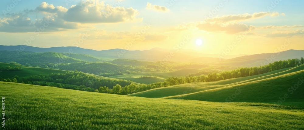 Naklejka premium Serene Sunset Over Rolling Green Hills and Lush Landscape