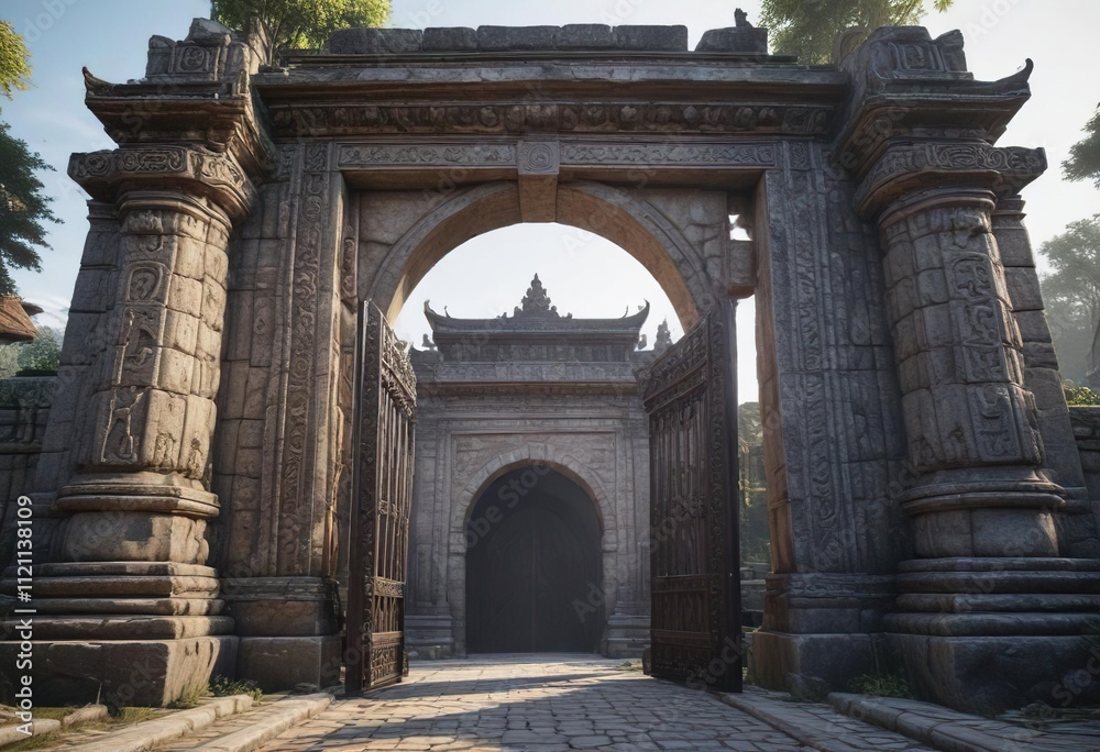 Fototapeta premium A grand entrance of an ancient temple with a large stone gate, monument, stone gate, architecture