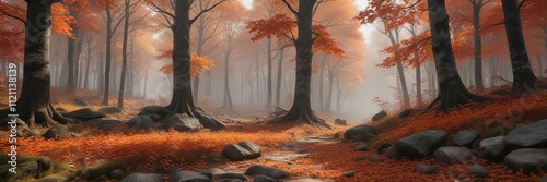 Autumn forest with scattered red and orange leaves on the forest floor amidst towering trees, earthy tones, fallen leaves, tree canopies