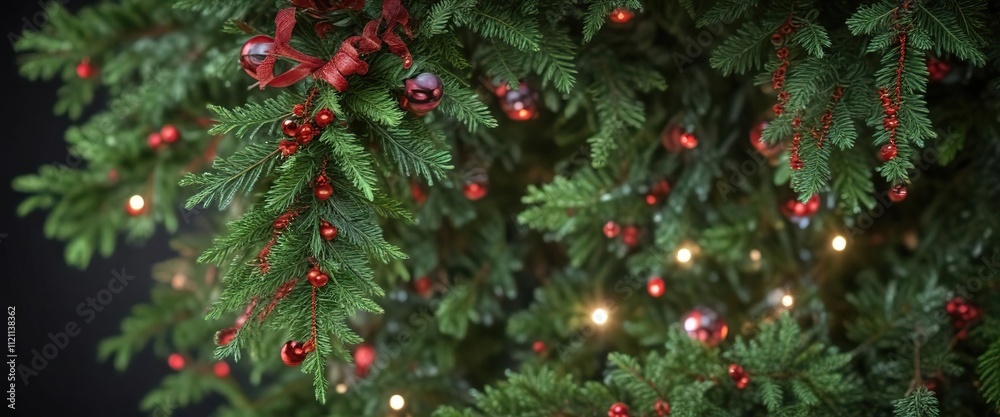 Red and green tinsel swags around the branches of a miniature evergreen tree, red and green garland, tinsel wraps Red and green tinsel swags around the branches of a miniature evergreen tree, red and green garland, tinsel wraps