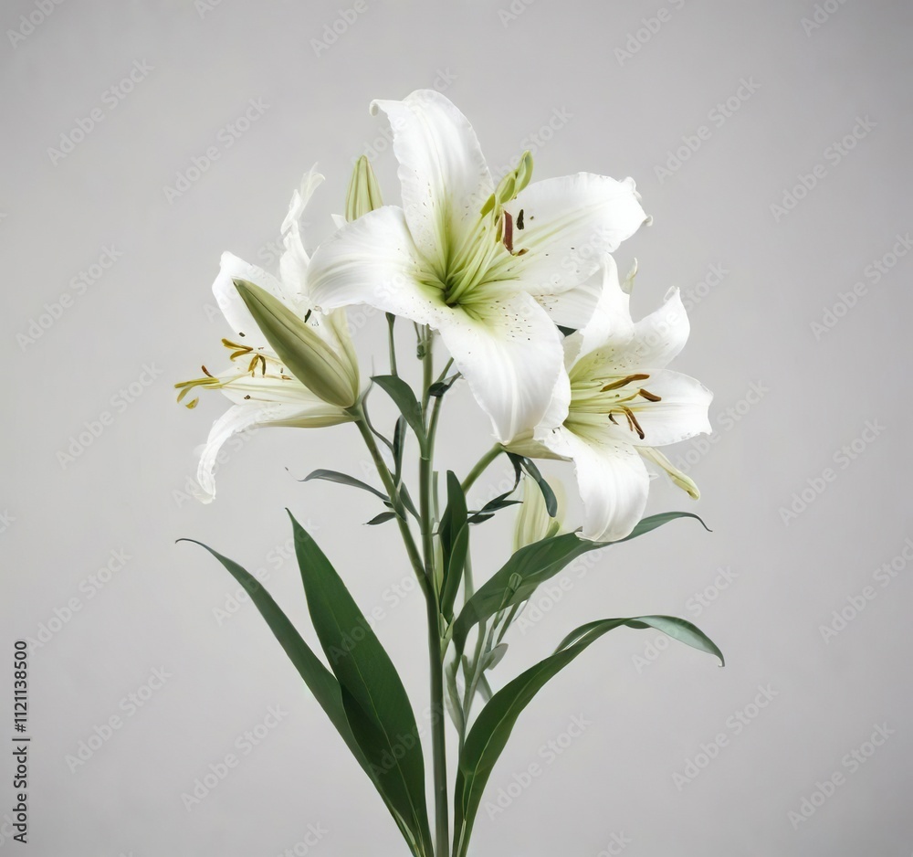 Naklejka premium White lily stems with delicate green leaves against a minimalist white background , #leaves, #green, #delicate