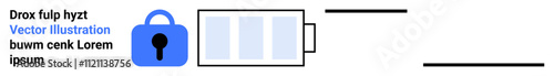 Blue padlock adjacent to partially charged battery icon with Lorem Ipsum text. Ideal for cybersecurity, data protection, energy saving, tech products, battery health, digital security, secure apps