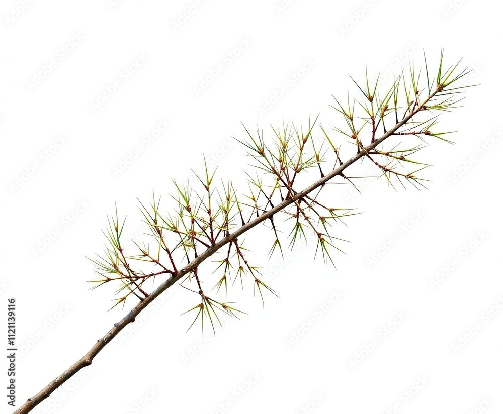 Thin Acacia tree branch with sharp thorns isolated on a clean white background, single object, thorns, wood Thin Acacia tree branch with sharp thorns isolated on a clean white background, single object, thorns, wood