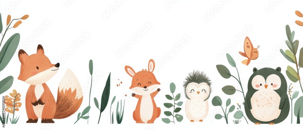 Naklejka premium Adorable Woodland Animals Illustration: Fox, Bunny, Owl, and Butterfly in Floral Border