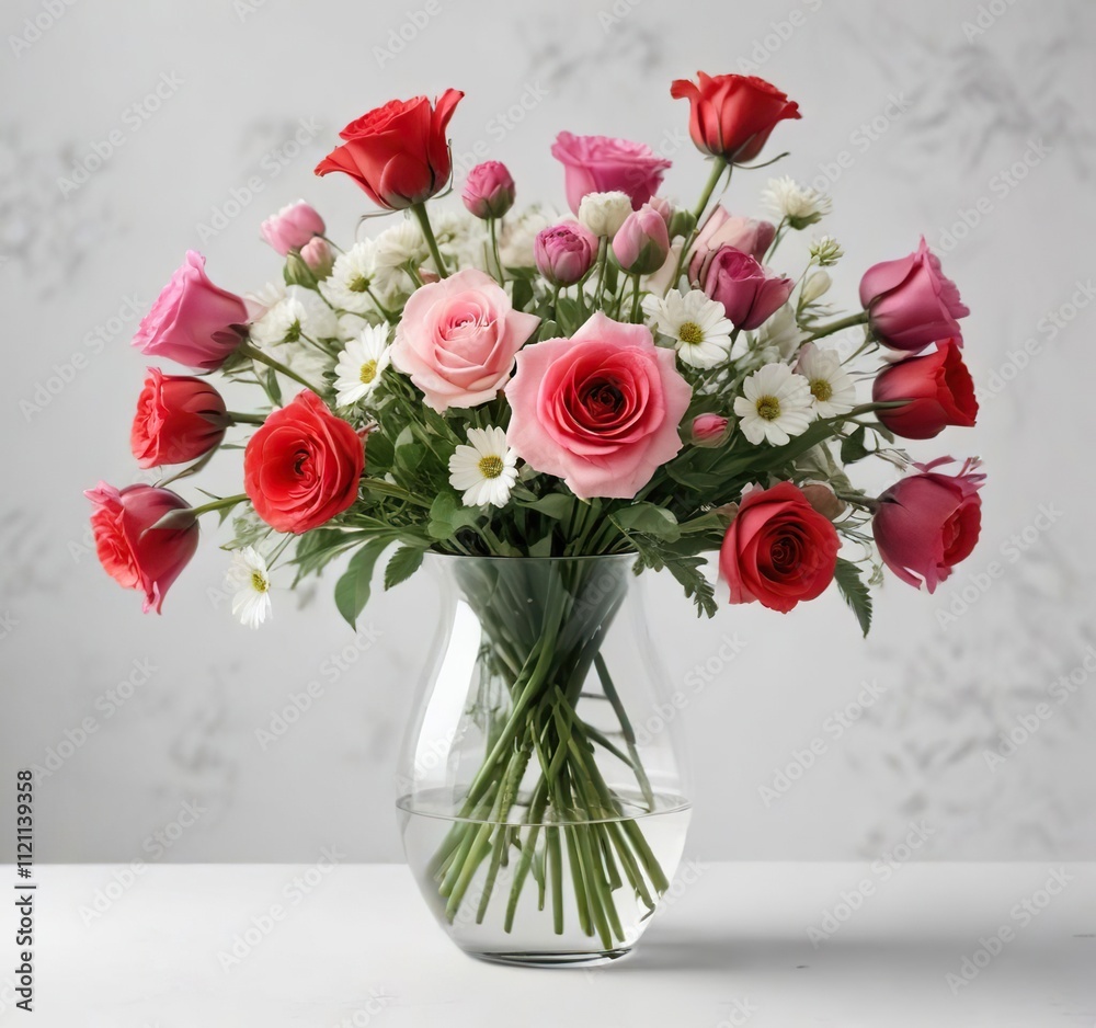 Elegant and sophisticated Valentine's Day flowers in a glass vase against a white background, fragrance, flowers, sophistication Elegant and sophisticated Valentine's Day flowers in a glass vase against a white background, fragrance, flowers, sophistication