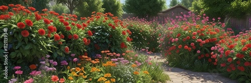 Bush with lush green leaves and vibrant colorful flowers blooming in the garden , flower garden, greenery, flowering bush