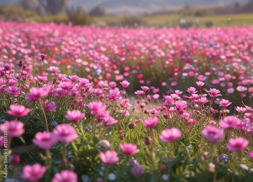Soft focus on a vibrant pink flower field with colorful blossoms swaying gently in the breeze, garden scene, abstract flowers, colorful blooms