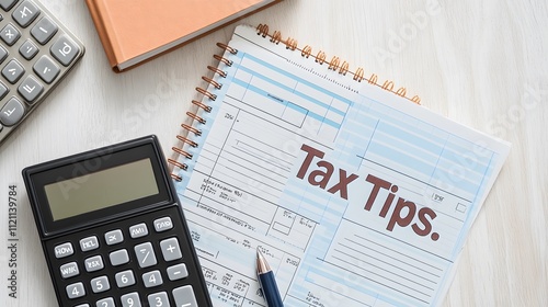 A flat lay of a tax preparation kit, including forms, a calculator, and a notebook labeled 