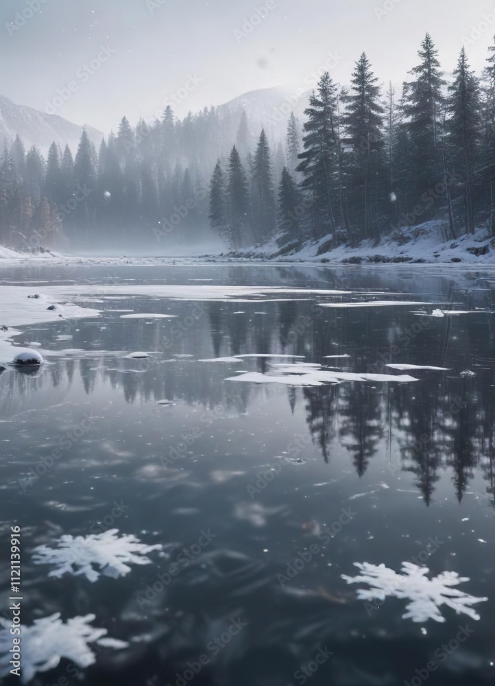Fototapeta premium Snowflakes gently falling on a frozen lake during Christmas Day, lake, peaceful
