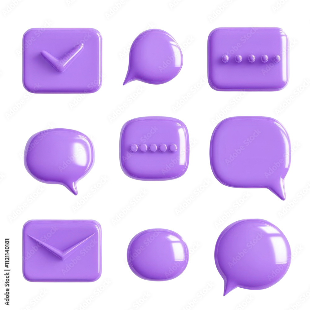 Set of purple speech bubble icons isolated on transparent or white background.