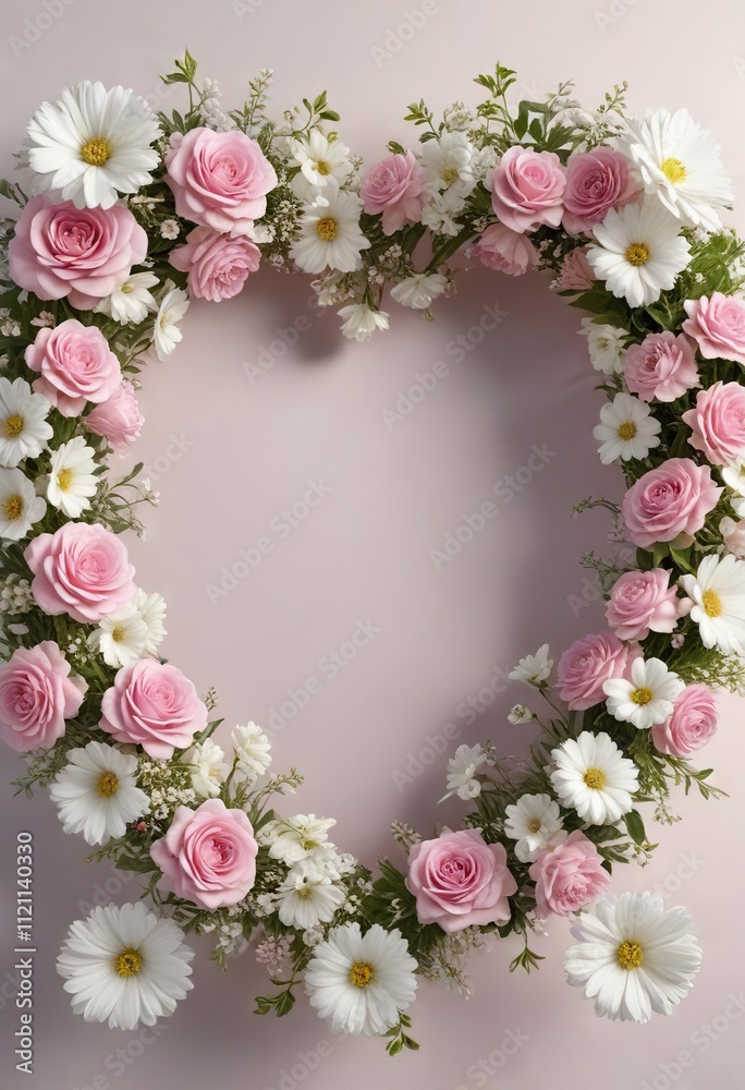 Pink and white flowers in a heart-shaped frame, love, art, heart shape Pink and white flowers in a heart-shaped frame, love, art, heart shape